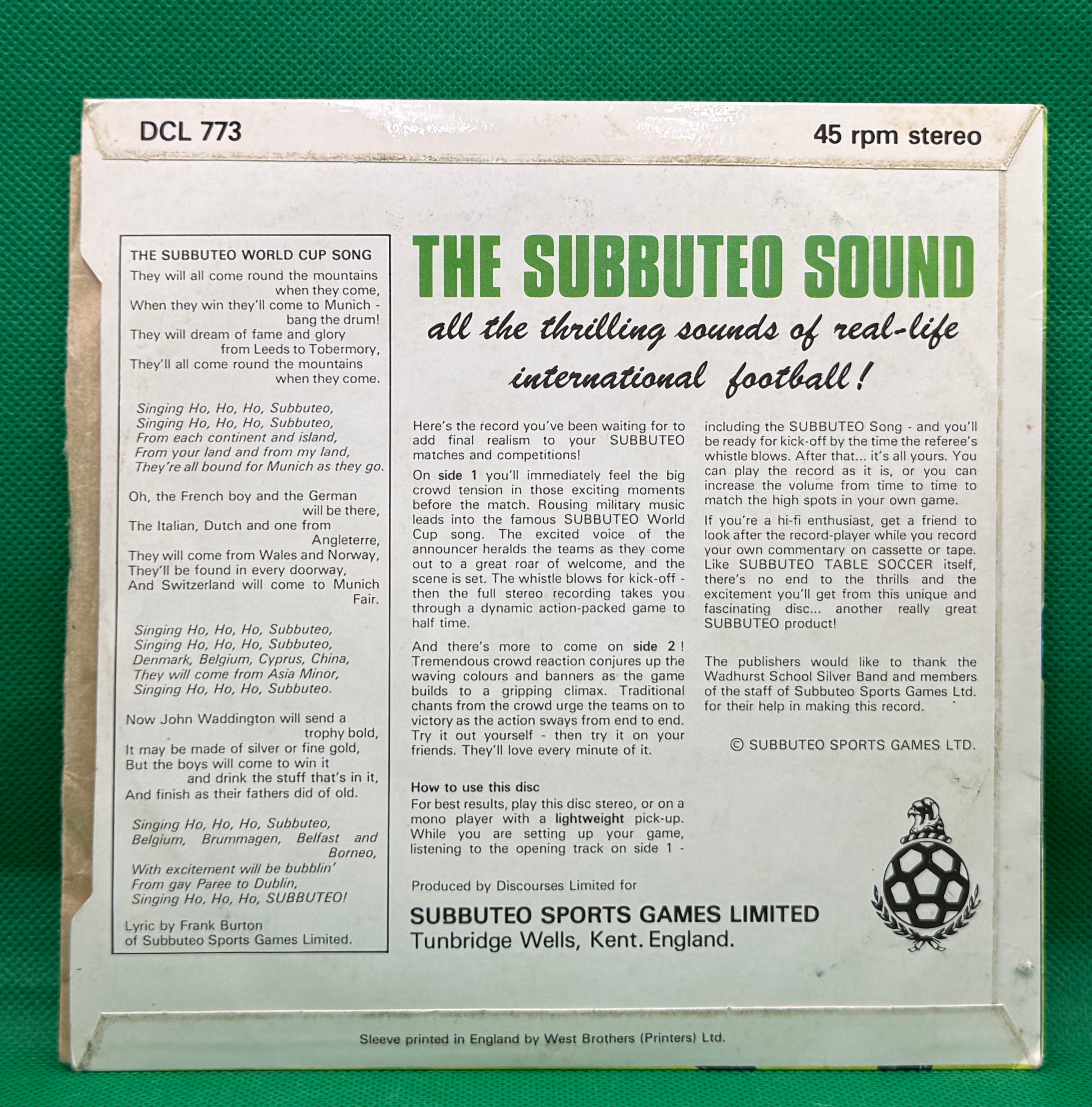 Subbuteo 45 giri The Subbuteo Sound